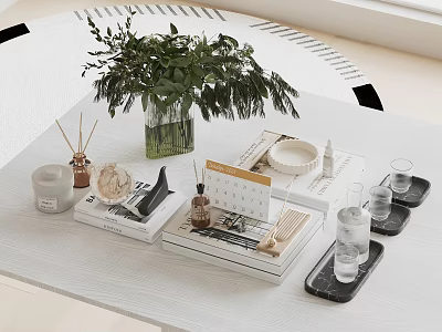 Chic Decorative Ornament Set With Green Plant Vase Aromatherapy Books And Trays On White Table 3d model