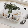 Chic Decorative Ornament Set With Green Plant Vase Aromatherapy Books And Trays On White Table