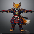 Samurai Fox Character In Traditional Japanese Armor With Outstretched Arms And Sword