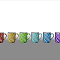 Colorful Marble Pattern Mugs Arranged in Row with Gray Background and Geometric Shadow