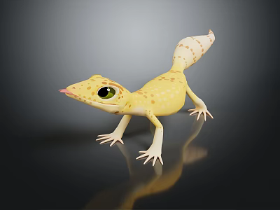 Yellow Lizard With Green Eyes And Spotted Body On Dark Background With Reflection 3d model