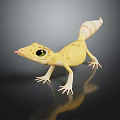 Yellow Lizard With Green Eyes And Spotted Body On Dark Background With Reflection