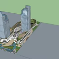 Modern High Rise Office Buildings With Green Space And Connecting Structure
