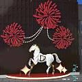 Garden Ornament With Red Firework Shaped Decorations White String Lights Horse Sculpture And Brick Wall