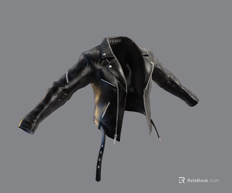 Classic Black Leather Jacket With Front Zipper And Belted Waist Design 3d model 
