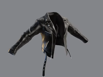 Classic Black Leather Jacket With Front Zipper And Belted Waist Design 3d model