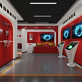 Party Building Education Exhibition Hall With Red Walls Digital Screens And Interactive Displays