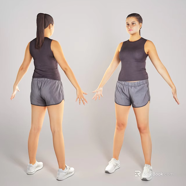 Woman In Sleeveless Top And Shorts Showing Front And Back Poses 3d model 