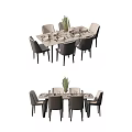 Dining Table and Chairs Set with Tableware and Decorative Green Plant 3d model