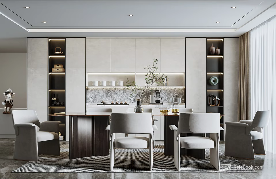 Elegant Modern Minimalist Dining Table And Chairs With Cabinets Vase And Tableware In Dining Room 3d model 
