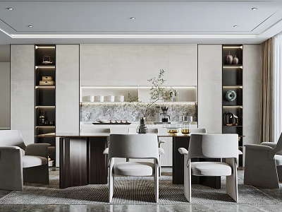 Elegant Modern Minimalist Dining Table And Chairs With Cabinets Vase And Tableware In Dining Room 3d model
