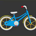 Blue Children's Bicycle With Yellow Rims White Seat Red Bell And Reflection