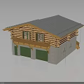 Rustic Log House Architecture Featuring Gray Sloped Roof Green Garage Doors And Wooden Balcony
