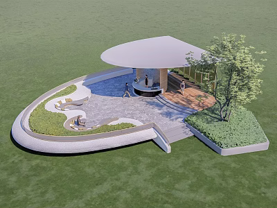 Modern Curved Roof Pergola In Green Lawn With Seating Area And Pathway 3d model