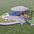 Modern Curved Roof Pergola In Green Lawn With Seating Area And Pathway
