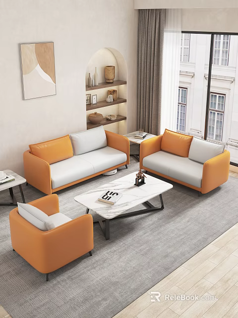 Modern Living Room Orange White Sofa Set With Marble Top Coffee Table 3d model 