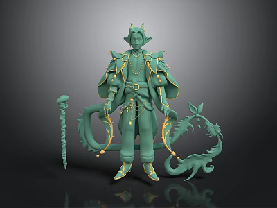 Game and Movie Character Teal 3D Model with Horns Golden Accents Dragon Elements and Staff 3d model
