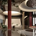 Modern Luxury Clubhouse Black Walls Blue Backdrop Golden Logo And Marble Flooring Decorative Lights