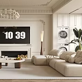 Elegant Living Room Interior With Ornate Chandelier TV Fireplace Beige Sofa Coffee Table And Rug