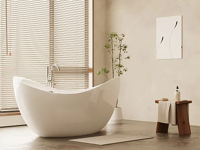 Modern Bathroom Interior With White Bathtub Window Blinds Wooden Stool And Plant 3d model
