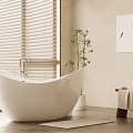 Modern Bathroom Interior With White Bathtub Window Blinds Wooden Stool And Plant