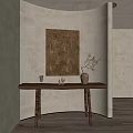 Rustic Wooden Console Table With Vase Small Decor And Brown Painting On Beige Wall