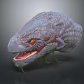 3D Rendered Monster Head With Scaled Skin Glowing Orange Eyes And Sharp Teeth