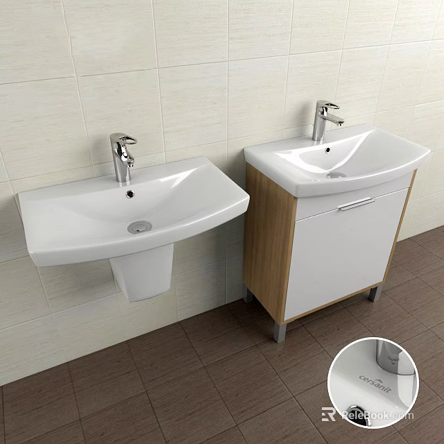 Bathroom Sinks With Wall Mounted And Cabinet Design On Tile Wall And Floor 3d model