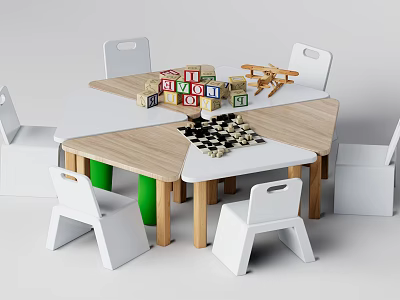 Hexagonal Kids Table with White Wooden Top Chairs Colorful Blocks Wooden Airplane and Chess Set 3d model