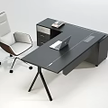 Modern Black Office Desk With Laptop On Top And Drawer Cabinet White Office Chair