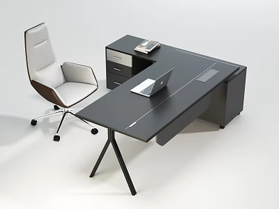 Modern Black Office Desk With Laptop On Top And Drawer Cabinet White Office Chair 3d model