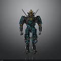 Samurai Themed Robot With Golden Helmet Blue Luminous Armor And Dual Swords