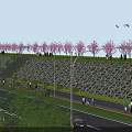 Waterfront Garden Landscape With Pink Flowering Trees Boat Pedestrian Path Green Areas And People Strolling