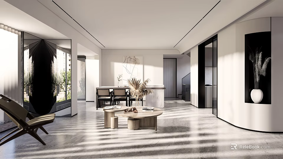 Modern Restaurant Interior With Dining Table Chairs Natural Light And Minimalist Decor 3d model 