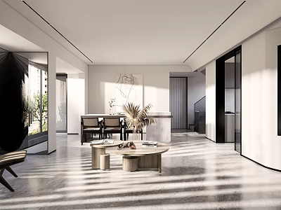 Modern Restaurant Interior With Dining Table Chairs Natural Light And Minimalist Decor 3d model