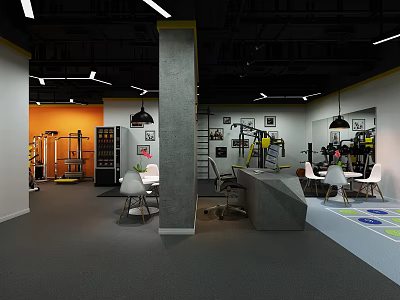 Modern Fitness Gym Interior With Workout Equipment Rest Area And Bright Lighting 3d model