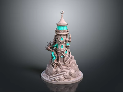 Fantasy Lighthouse Model With Spiral Staircase Glowing Windows Dragon Decoration And Rock Base 3d model