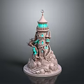 Fantasy Lighthouse Model With Spiral Staircase Glowing Windows Dragon Decoration And Rock Base