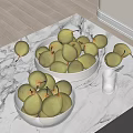 Fresh Green Pears in Glass and White Bowls on Marble Countertop with Glass Cup