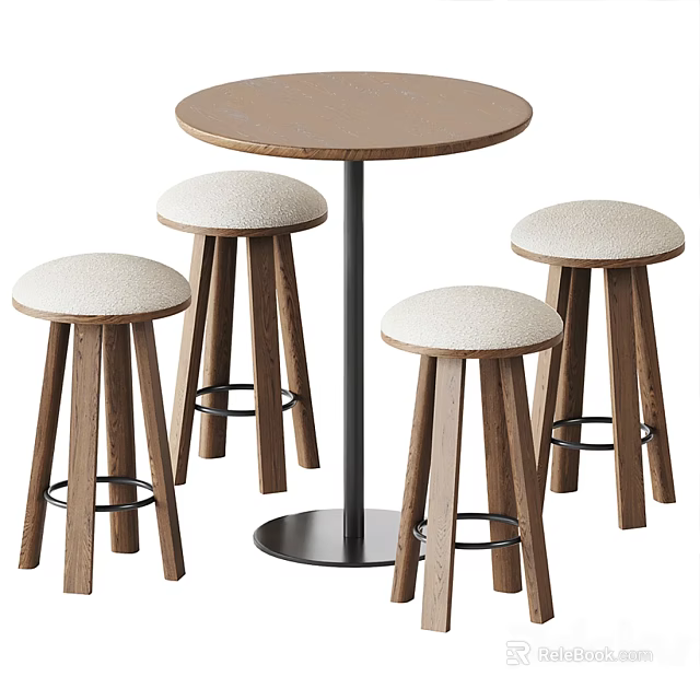 Round Wooden Bar Counter with Metal Base and Four Padded Wooden Stools 3d model 