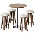 Round Wooden Bar Counter with Metal Base and Four Padded Wooden Stools