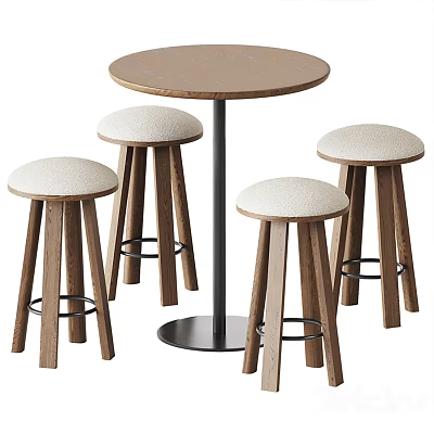 Round Wooden Bar Counter with Metal Base and Four Padded Wooden Stools 3d model