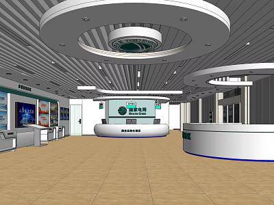 Service Hall Interior With Reception Desk Display Screens And Open Ceiling Layout Design 3d model