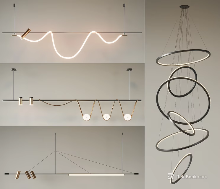 Modern Minimalist Geometric Chandeliers With Wavy Lines Circular Rings And Metal Frame LED Lights 3d model 