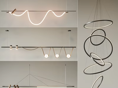 Modern Minimalist Geometric Chandeliers With Wavy Lines Circular Rings And Metal Frame LED Lights 3d model
