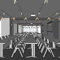 Modern Bright Meeting Room Interior With Long Tables Chairs Projector And White Screens