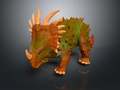 Realistic Ceratopsian Dinosaur Model With Green Orange Skin Spiked Back And Horned Head 3d model