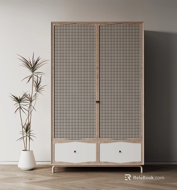 Modern Wooden Wardrobe with Rattan Door Design and Bottom Drawers in Minimalist Interior 3d model 