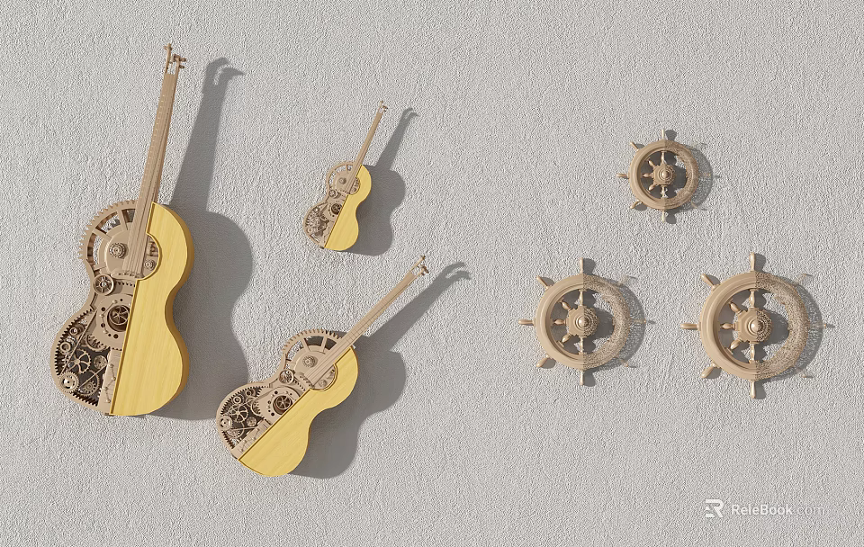 Wooden Wall Decor with Violin and Ship Wheel Designs for Home Decoration 3d model 