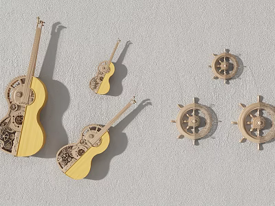 Wooden Wall Decor with Violin and Ship Wheel Designs for Home Decoration 3d model